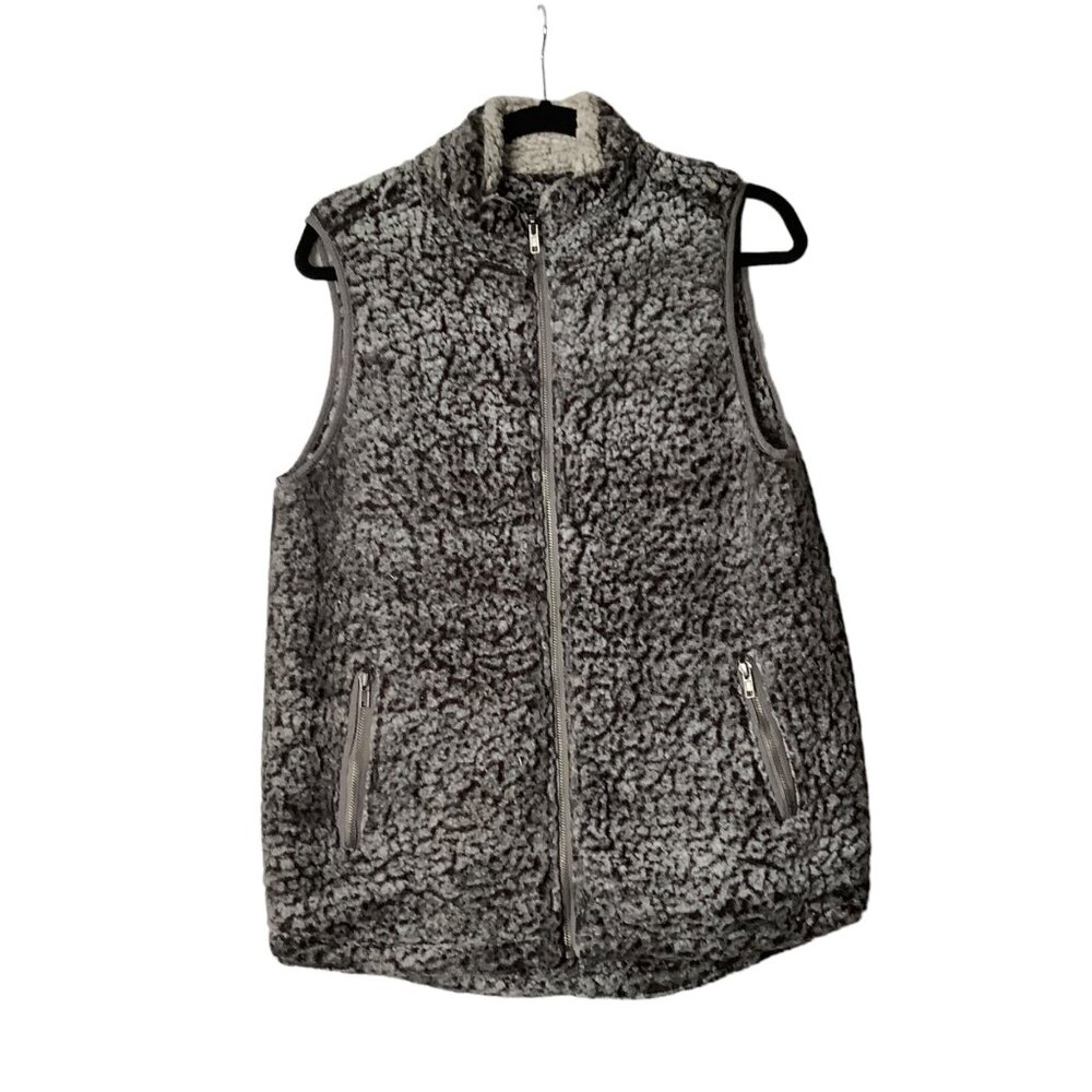 Thread & Supply Wubby Fuzzy Sherpa Fleece Vest Charcoal Gray Women Medium Zip Up